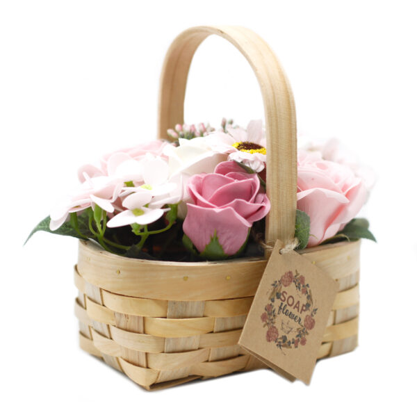 Cestino di Vimini con Fiori di Sapone Rosa - Medio