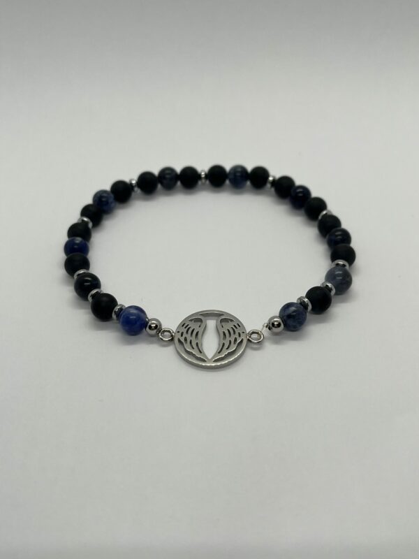 Bracciale elastico con ali Angelo in acciaio e Sodalite 6mm
